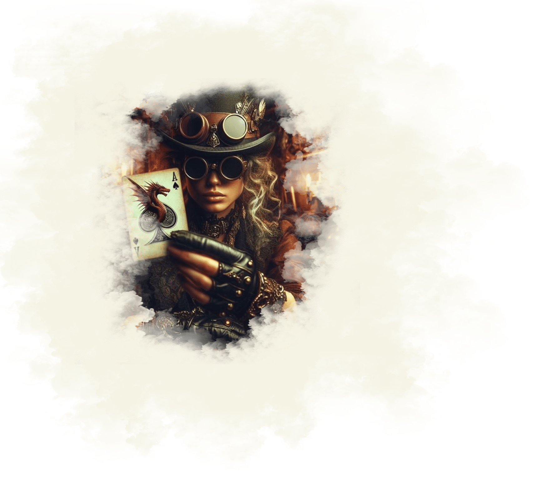 EVJF - Soirée énigme & inspiration - Une femme au look steampunk tenant un as de pique avec un regard énigmatique.